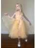 Beaded Golden Yellow Lace Tulle Curly Hem Flower Girl Dress